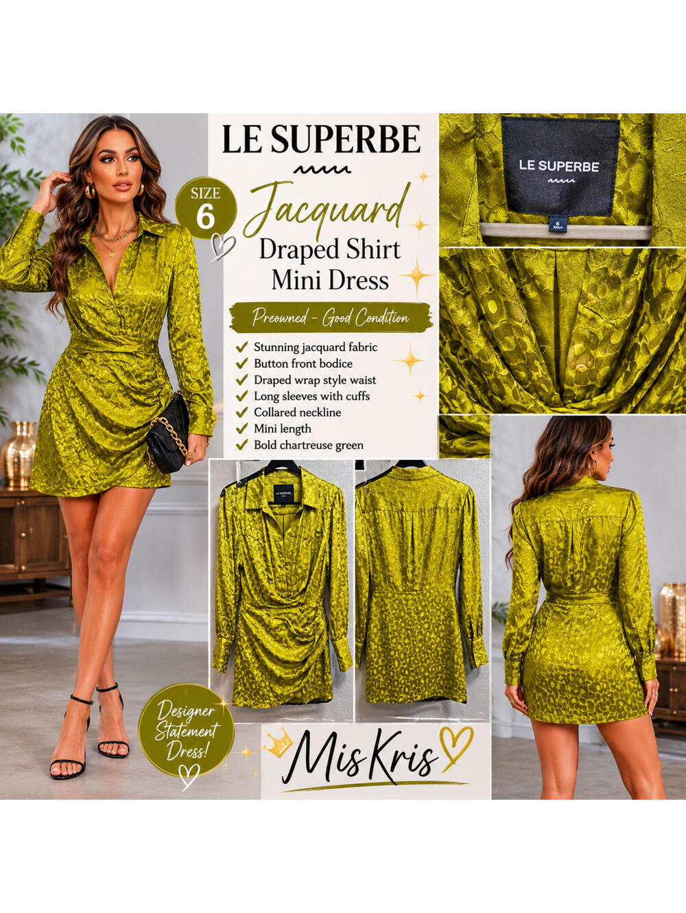 Le Superbe Green Jacquard Draped Shirt Mini Dress Size 6 Preowned